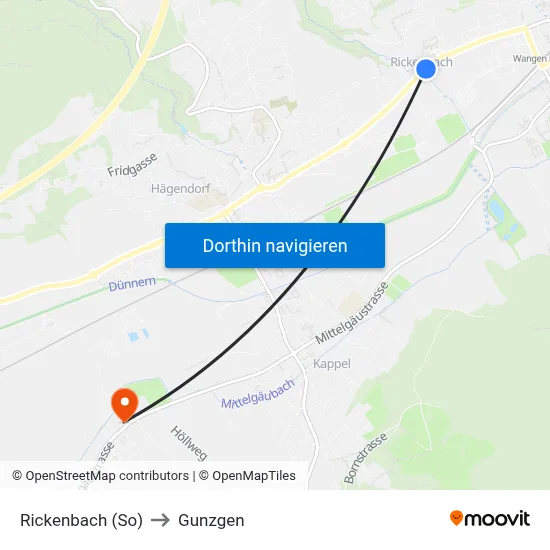 Rickenbach (So) to Gunzgen map
