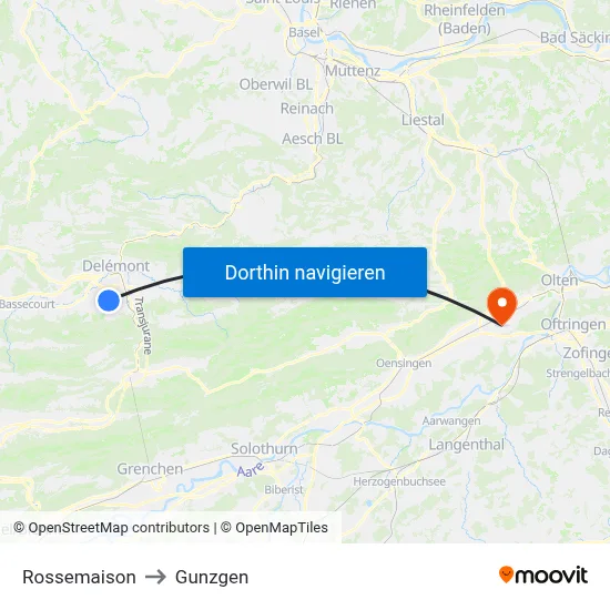 Rossemaison to Gunzgen map