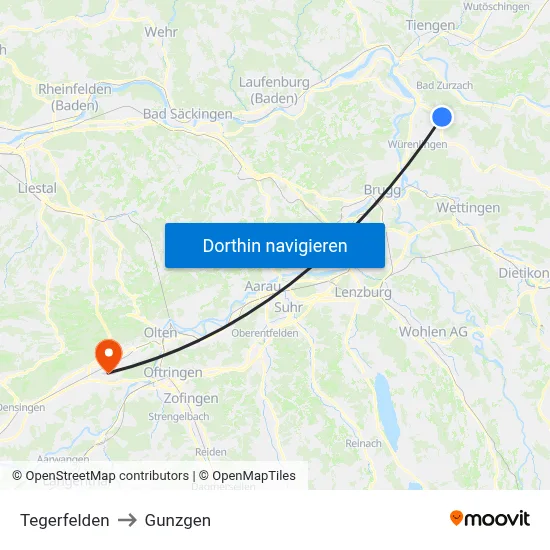 Tegerfelden to Gunzgen map