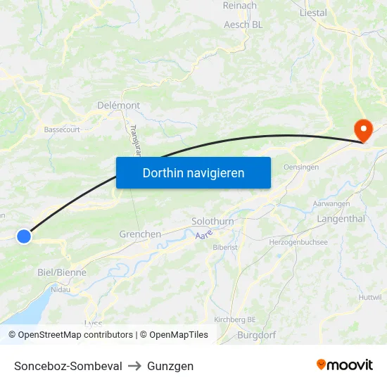 Sonceboz-Sombeval to Gunzgen map