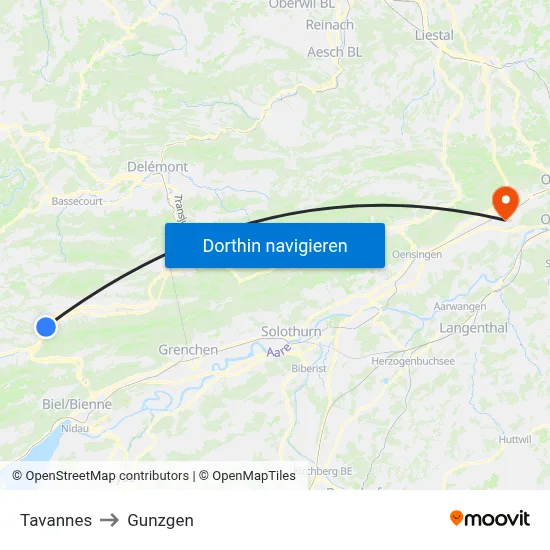 Tavannes to Gunzgen map