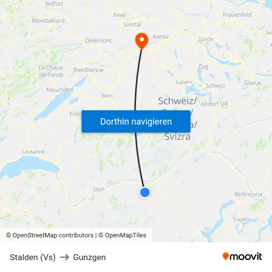 Stalden (Vs) to Gunzgen map