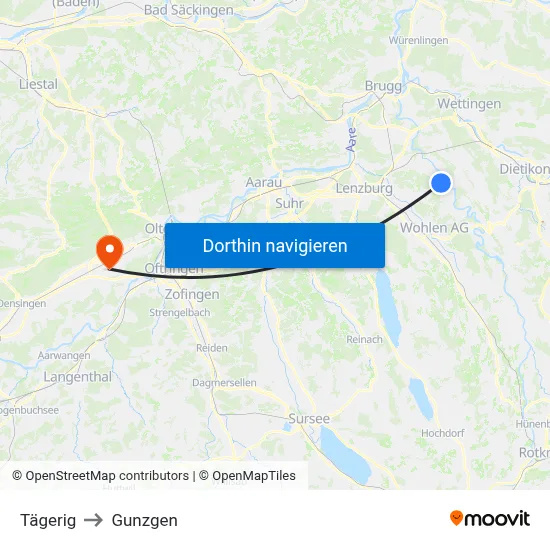 Tägerig to Gunzgen map