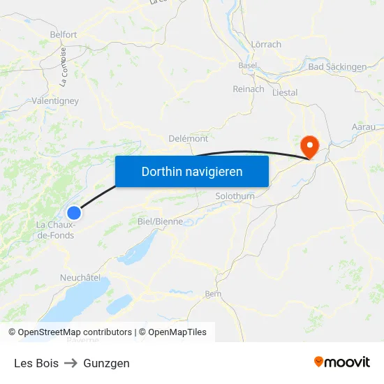 Les Bois to Gunzgen map