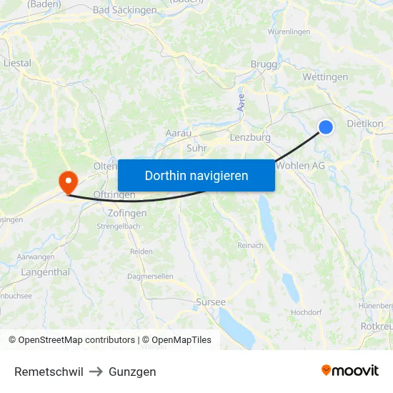 Remetschwil to Gunzgen map