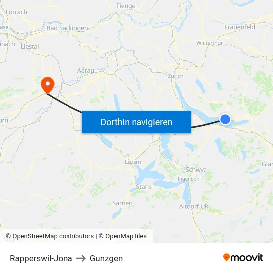 Rapperswil-Jona to Gunzgen map