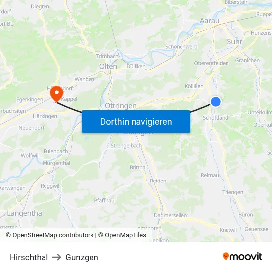 Hirschthal to Gunzgen map