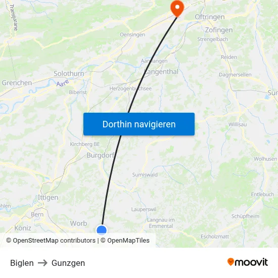 Biglen to Gunzgen map
