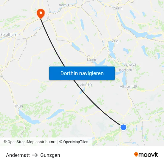 Andermatt to Gunzgen map