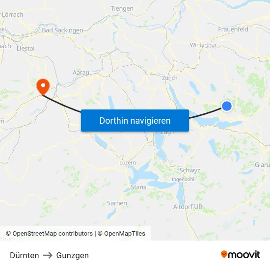 Dürnten to Gunzgen map
