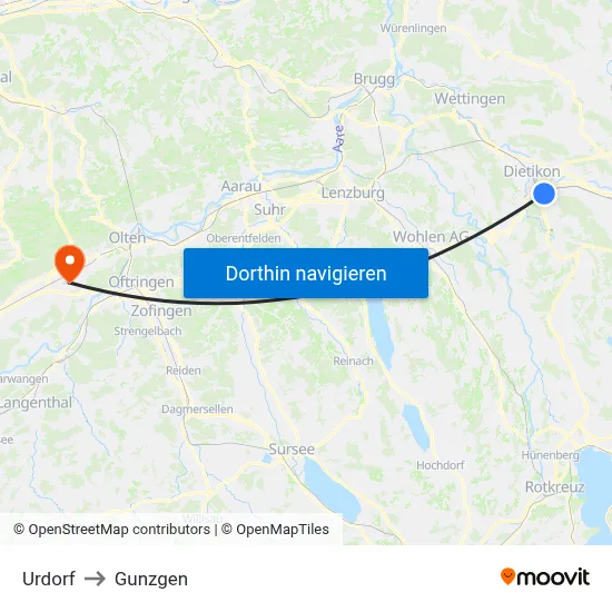 Urdorf to Gunzgen map