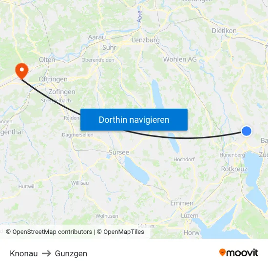 Knonau to Gunzgen map