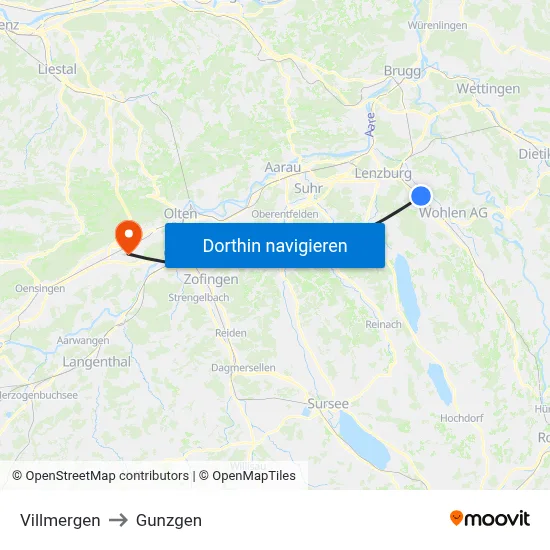 Villmergen to Gunzgen map