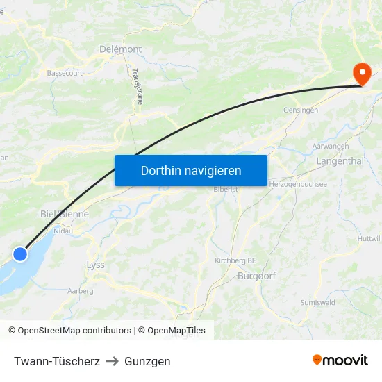 Twann-Tüscherz to Gunzgen map