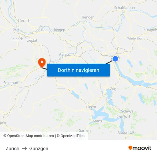 Zürich to Gunzgen map
