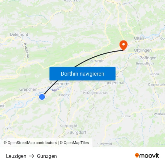 Leuzigen to Gunzgen map