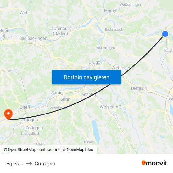 Eglisau to Gunzgen map
