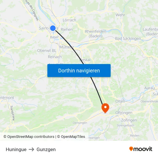 Huningue to Gunzgen map