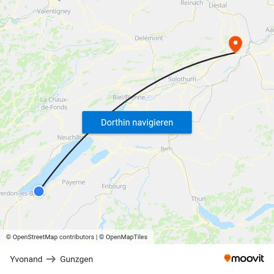 Yvonand to Gunzgen map