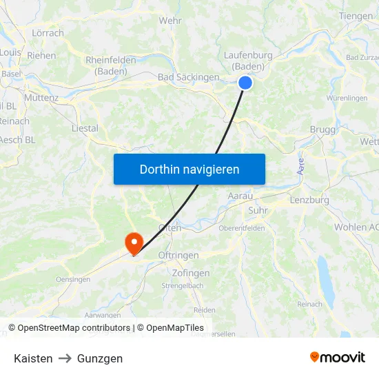 Kaisten to Gunzgen map