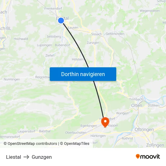 Liestal to Gunzgen map