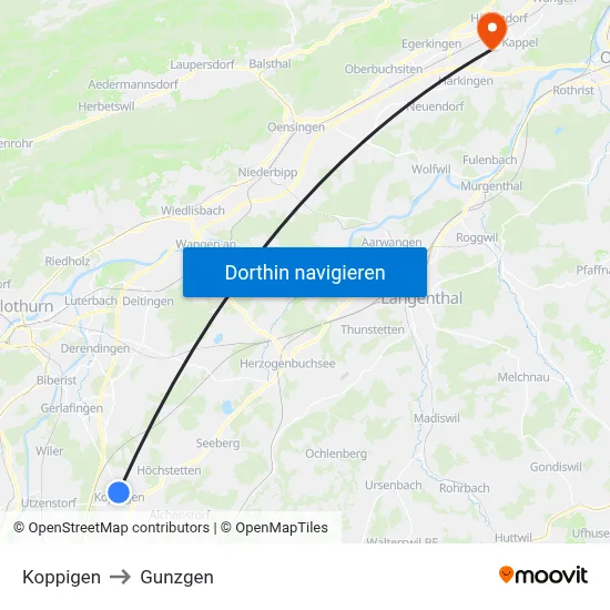 Koppigen to Gunzgen map