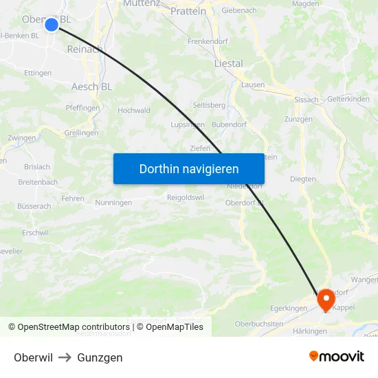 Oberwil to Gunzgen map