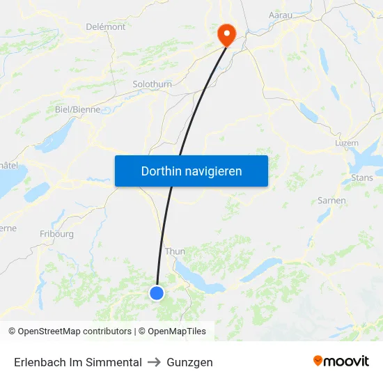 Erlenbach Im Simmental to Gunzgen map