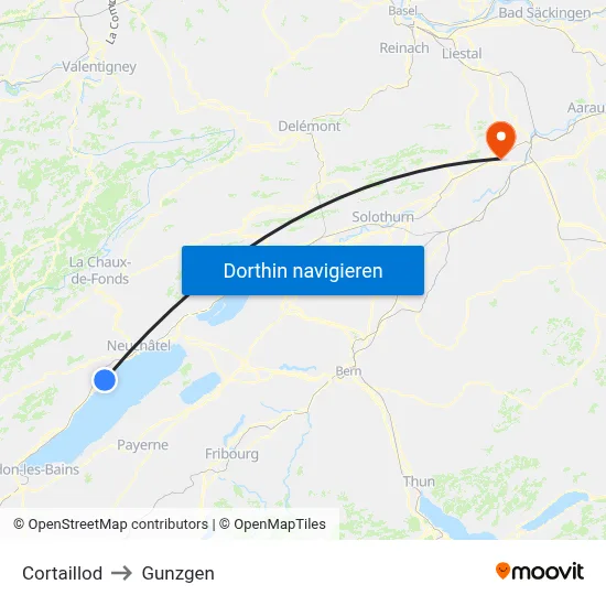 Cortaillod to Gunzgen map