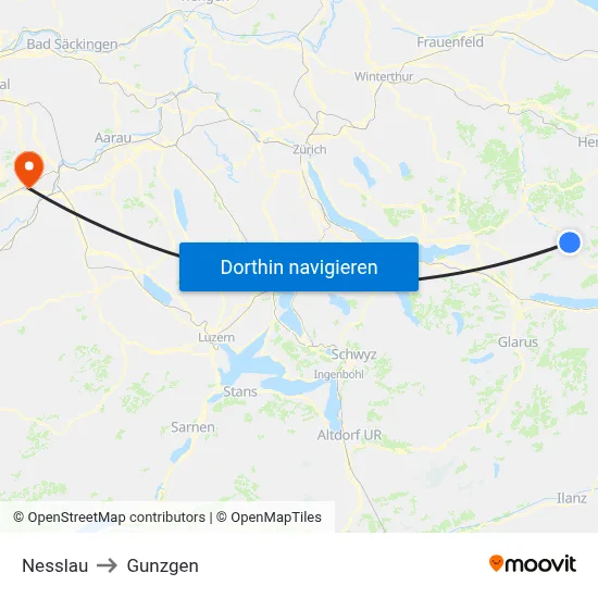 Nesslau to Gunzgen map