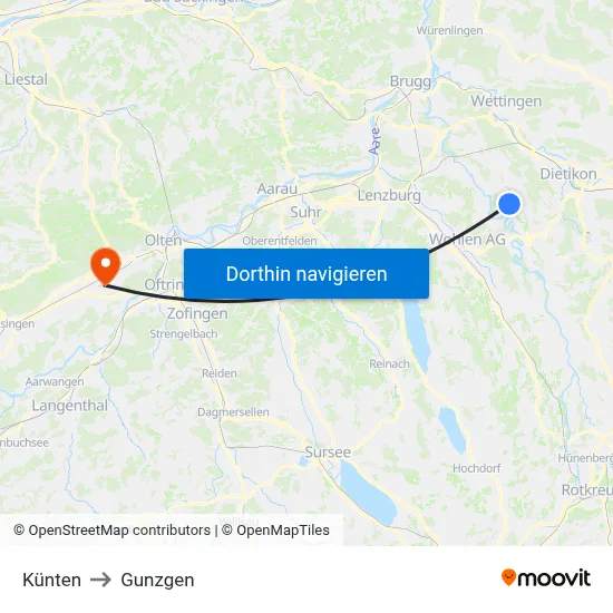 Künten to Gunzgen map
