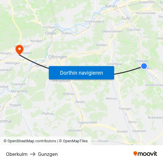 Oberkulm to Gunzgen map