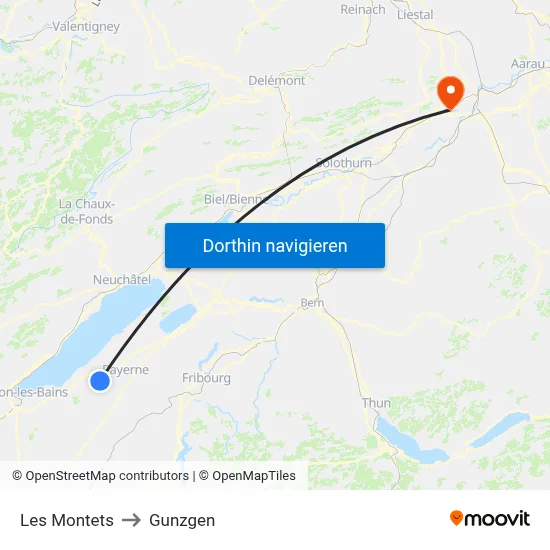 Les Montets to Gunzgen map