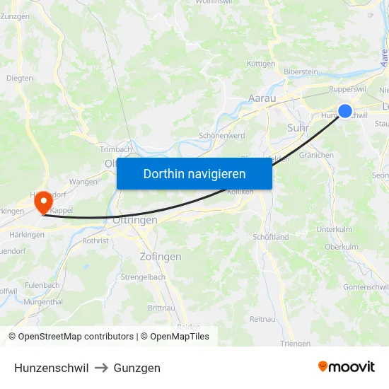 Hunzenschwil to Gunzgen map