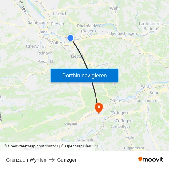 Grenzach-Wyhlen to Gunzgen map