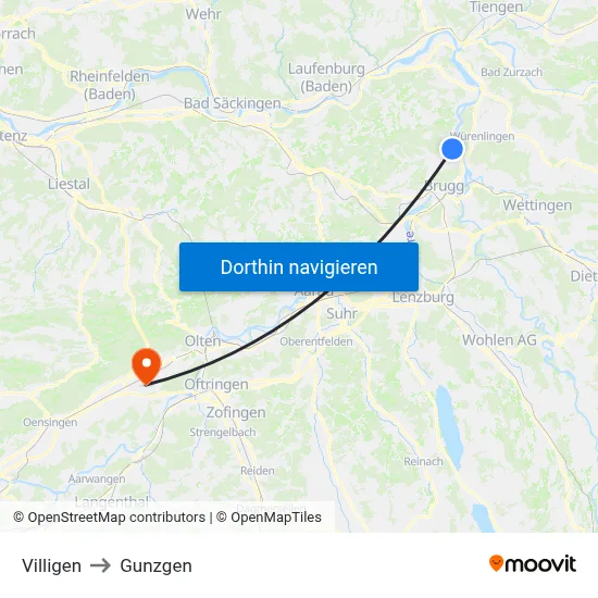 Villigen to Gunzgen map