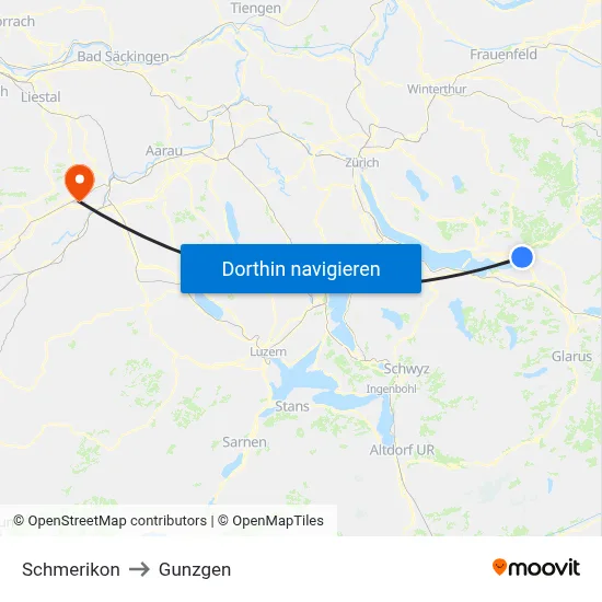 Schmerikon to Gunzgen map