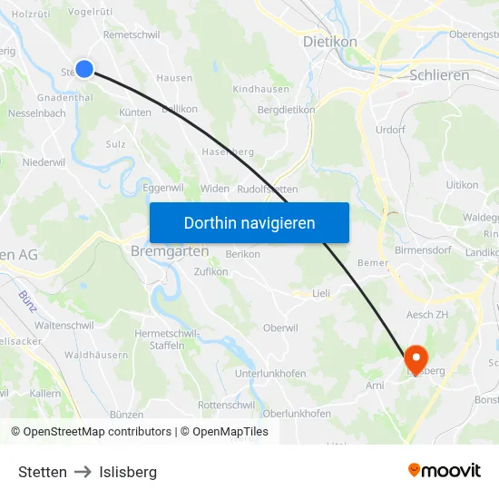 Stetten to Islisberg map