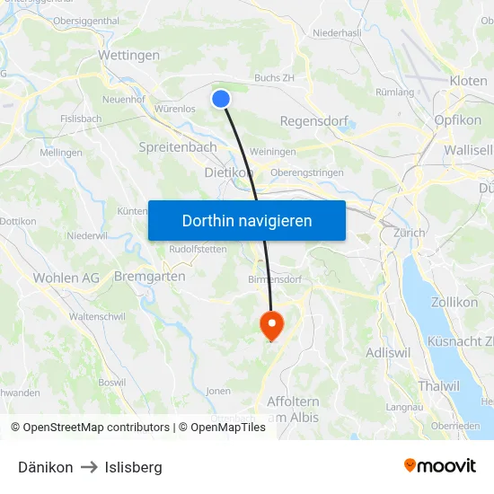 Dänikon to Islisberg map
