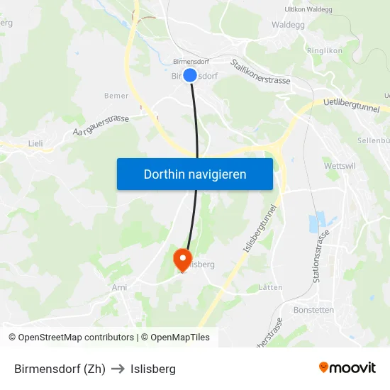 Birmensdorf (Zh) to Islisberg map