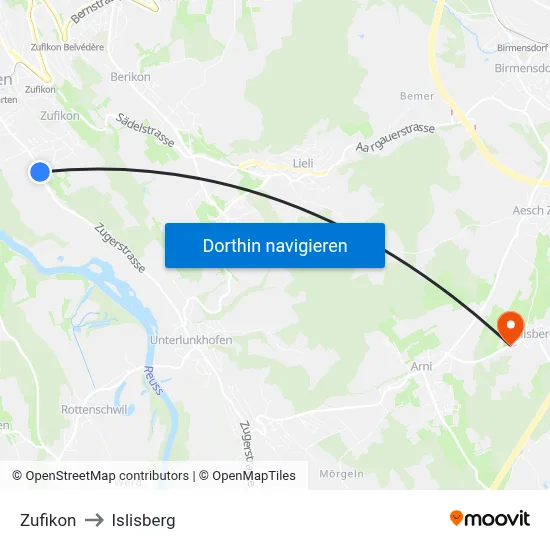 Zufikon to Islisberg map
