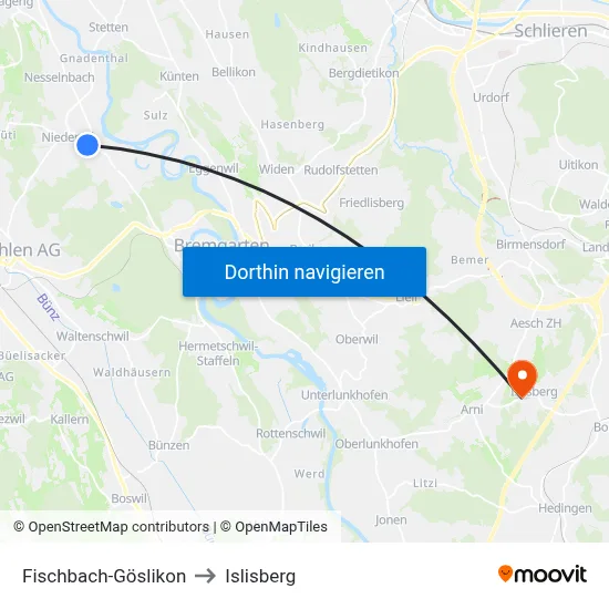 Fischbach-Göslikon to Islisberg map