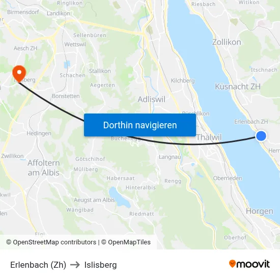 Erlenbach (Zh) to Islisberg map