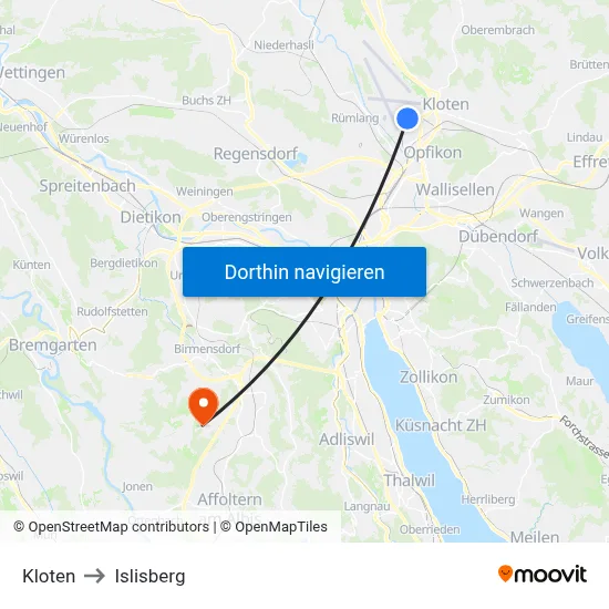 Kloten to Islisberg map