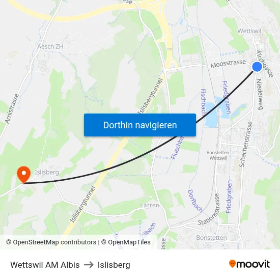 Wettswil AM Albis to Islisberg map