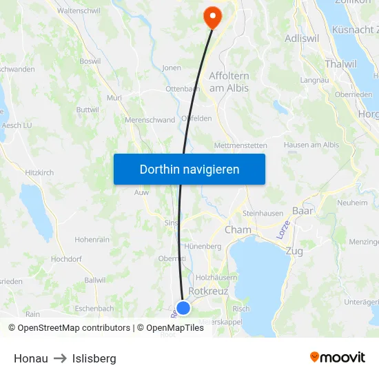 Honau to Islisberg map