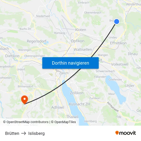 Brütten to Islisberg map