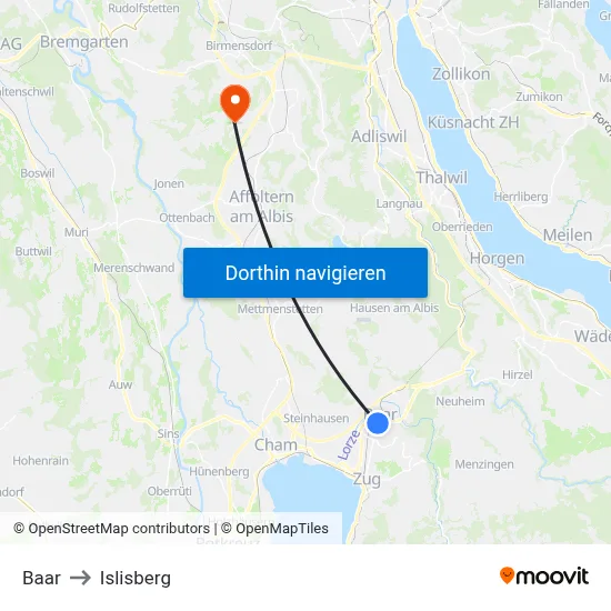 Baar to Islisberg map