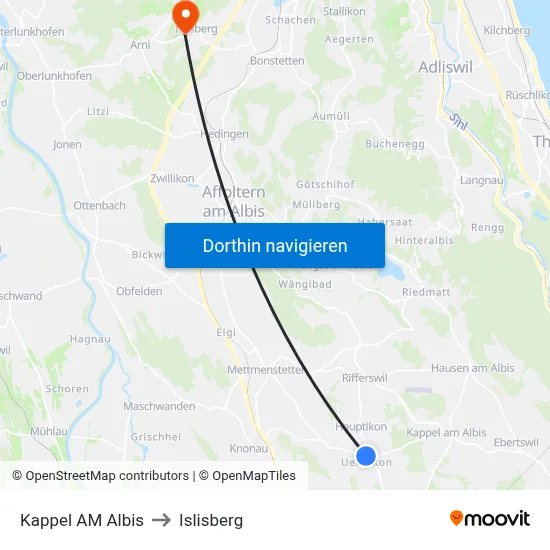 Kappel AM Albis to Islisberg map