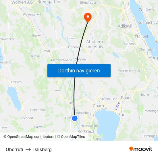 Oberrüti to Islisberg map